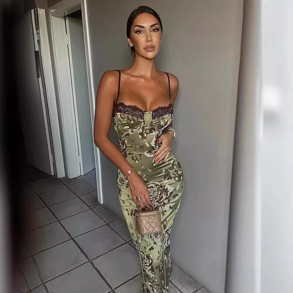 

2025 Summer Women's Clothing Party Club Thin Shoulder Strap Midi Dress Sexy Lace Patch Fashion Printed Bag Hip Split Dress