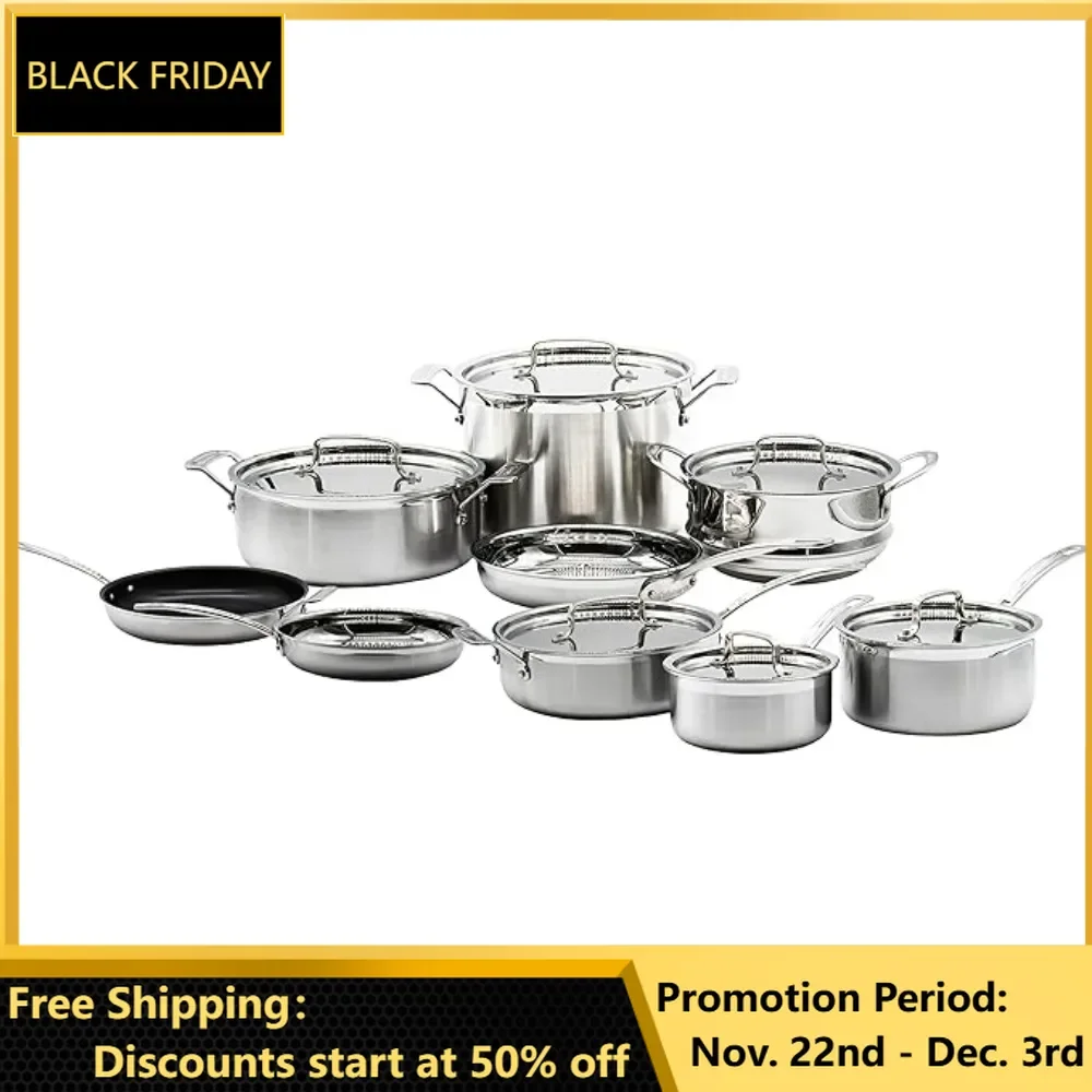 15 Piece Cookware set, MultiClad Pro Triple Ply, Silver, Nontoxic Cookware Set Stainless Steel Pots and Pans, Cookware Set