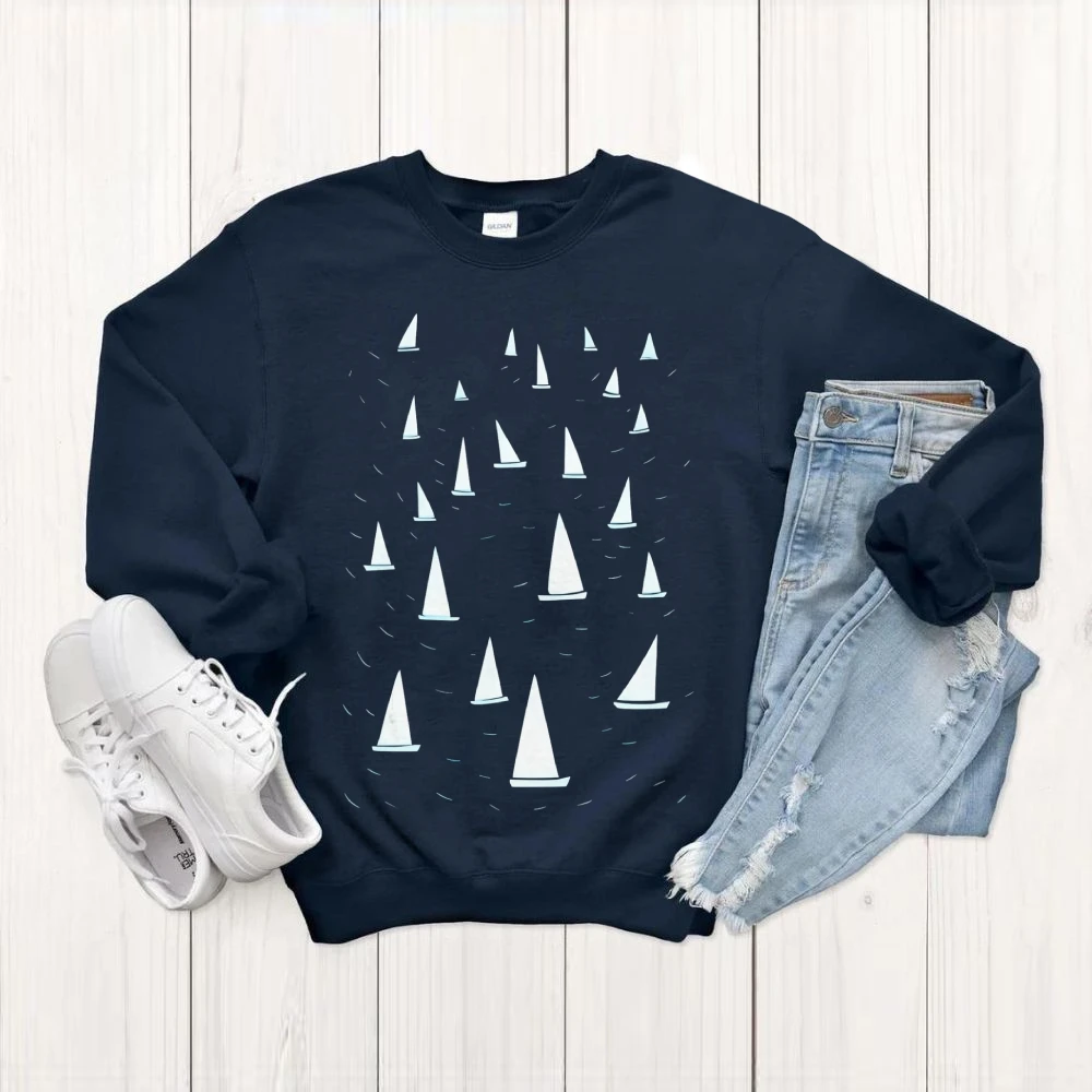 Bluza z motywem żaglówki, marynarski wzór, jesień zima, luźna, z długim rękawem, fajna, relaksowana, motyw morski, wybierz topy z tkaniny.