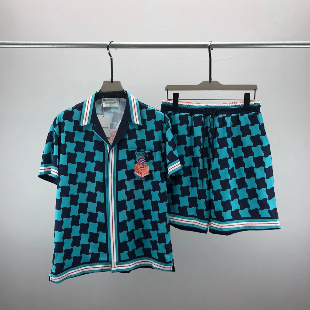 2024 Summer New Ca Short Sleeved Shirt Set  Checkered 3D Printed Pattern Shirts for Men Beach Shorts Shirts PajamaCollar