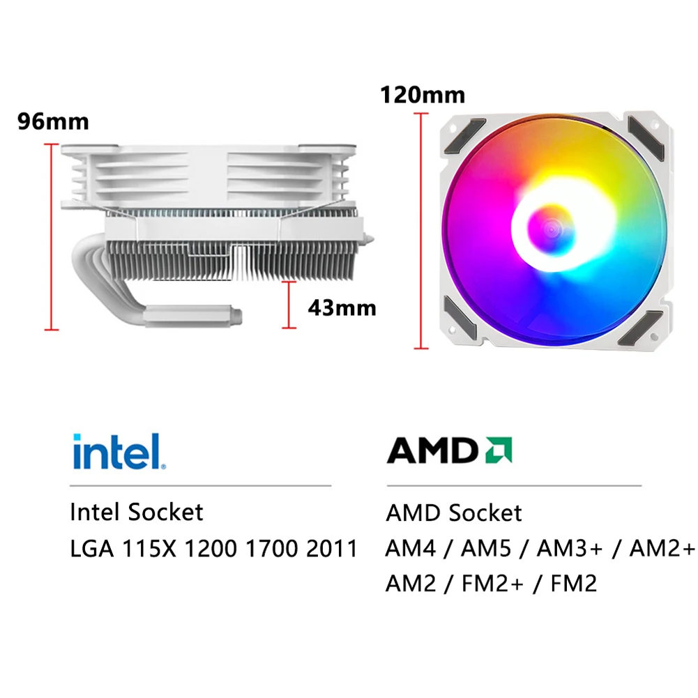 Wentylator CPU RGB ARGB PWM 4PIN Intel LGA 1150 1151 1155 1156 1200 1700 2011 X79 X99 AMD AM3 AM4 Chłodnica chłodząca Radiator