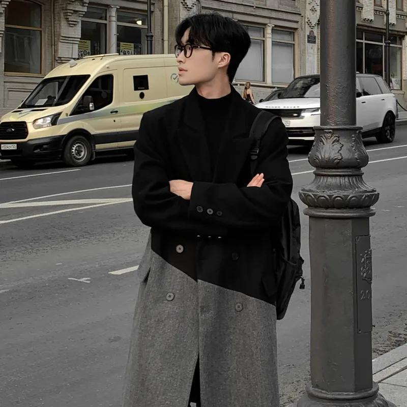 PFNW Autumn Winter Thick Loose Fit Men's Knee Length Woolen Coat Irregular Colorblock Spliced Casual Korean Trendy Coats 12C1404