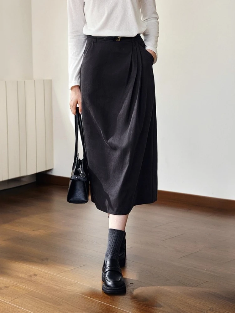 

OLrain Women Straight Skirt 2025 Autumn Solid A-line Skirt Pockets French Vintage Commute Female Clothing Elegant O57QB000229