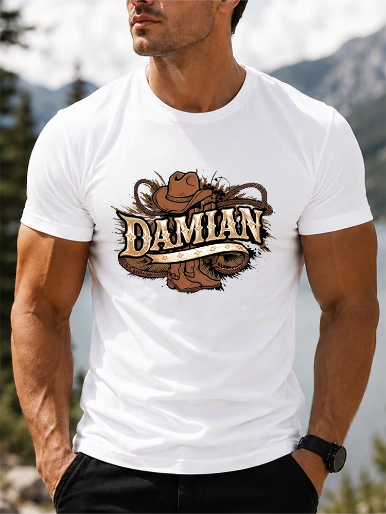 Western cowboy hat and boots text DAMIANG slogan T-shirt, printed T-shirt, trendy style, men's gift, everyday wear