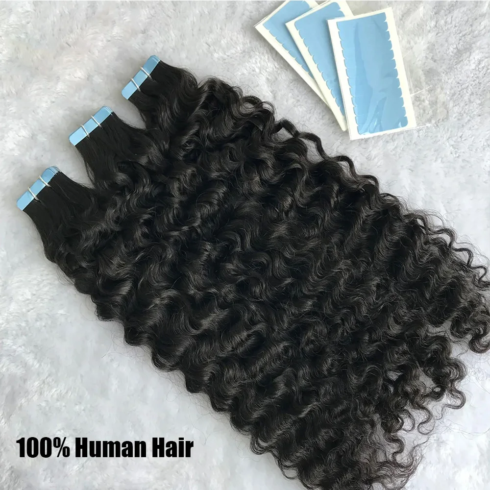 Invisible Water Wave Hair Extensions, cabeça cheia, Remy cabelo humano, pele trama, molhado e ondulado, cabelo encaracolado, fita invisível ins