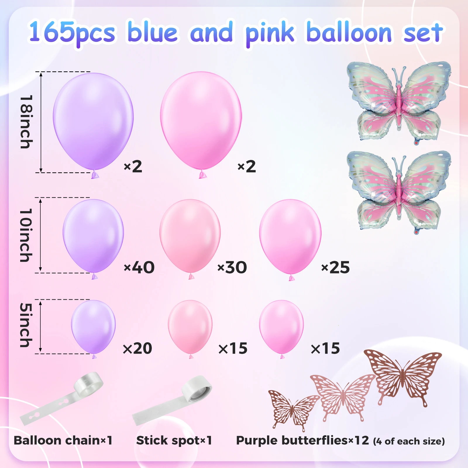 165Pcs DIY Latex Balloons Set Background Balloon Party Prop Supplies Balloons Arch Garland Kit Reusable Pink Purple Balloons