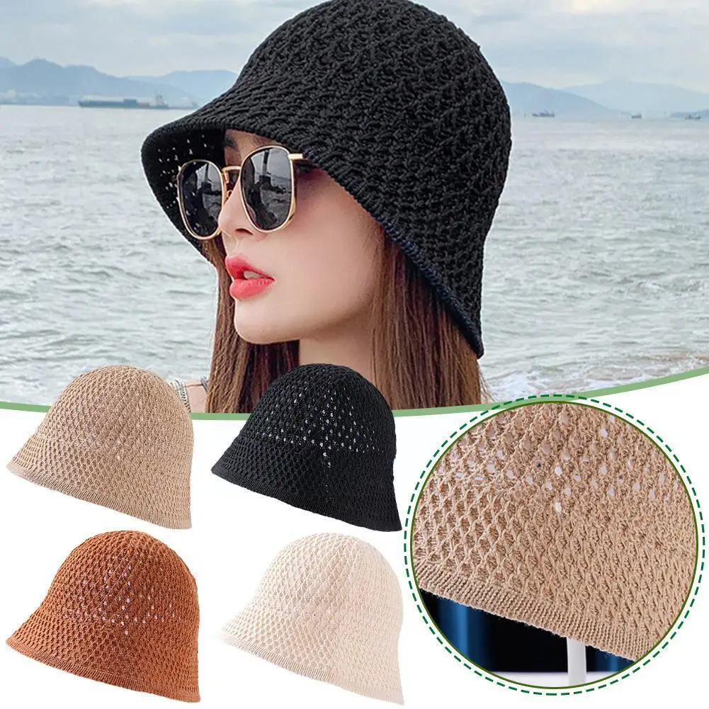 Handmade Crochet Floppy Summer Hats Collapsible Solid Bucket Women Hat Out Hollow Beach Simplicity Hat Caps Soft Dome C T4P1