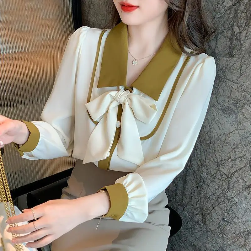 

Spring Fashion Bow Chiffon Turn-down Collar Long Sleeve Women Clothes Elegant Patchwork Shirts Ladies All-match Buttons Top Tee