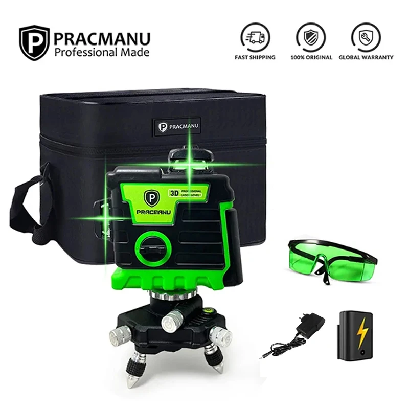 Pracmanu 3D Laser Level 12 Lines Laser Level Self-Leveling Horizontal and Vertical Cross Lines Super Powerful Green Beam