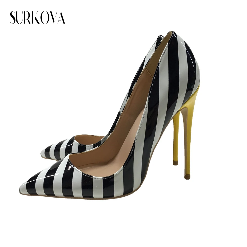 Black and White Zebra Striped Shiny PU Leather Thin Heel Pumps Woman Shoes Point Toe Leather Ladies Stiletto 8/10/12cm Thin Heel