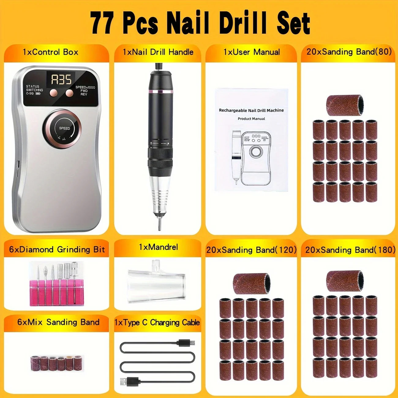 Professional 35000RPM เครื่องเจาะเล็บไฟฟ้าแบบชาร์จไฟได้สําหรับเล็บอะคริลิคเจลกําจัดเล็บมือและเล็บเท้าชุด