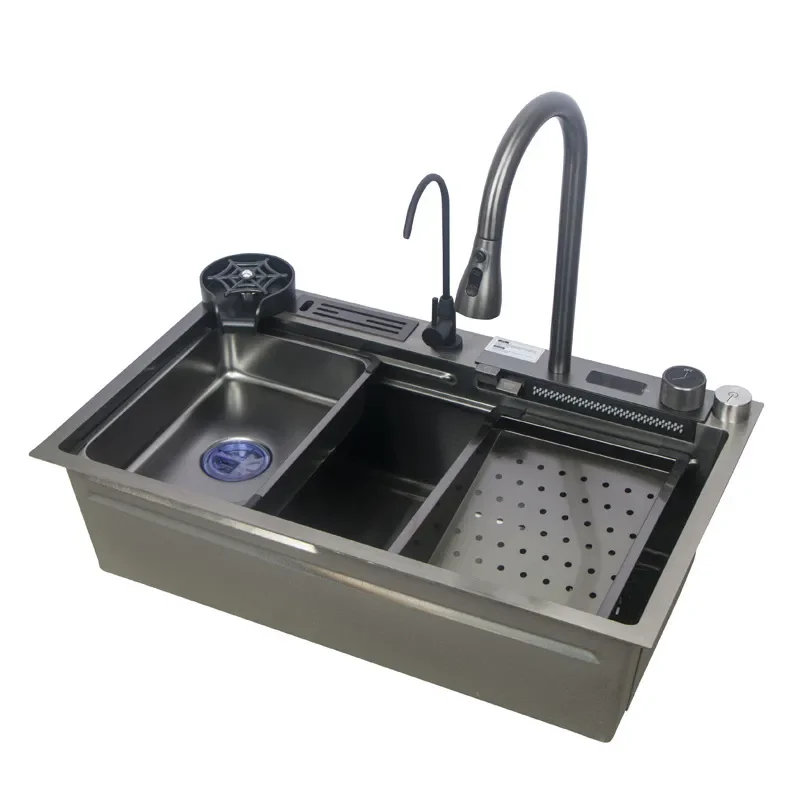 Large Single Bowl Kitchen Sink 304 Stainless Steel with Integrated Vegetable Basin Waterfall Faucet Full Configuration for Moder