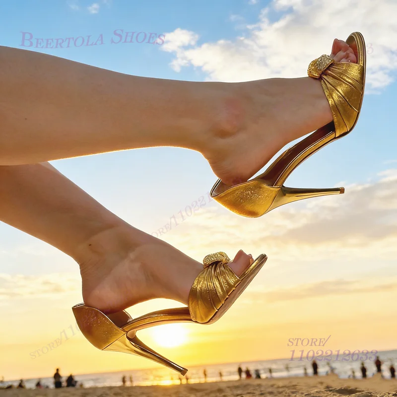 

Bling Shiny Gold Beaded Buckle Sandals Crystal Women Silk Leather Cover Heels Sexy Girl Open Concise Round Diamond Party Shoes