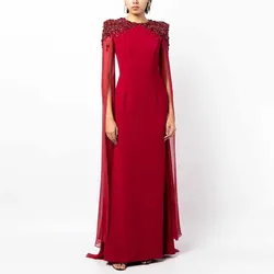 Luxury Evening Dresses Burgundy Crystal Cloack Sleeves Elegant Evening Gowns Long O Neck Mermaid/Trumpet Wedding Party Dress