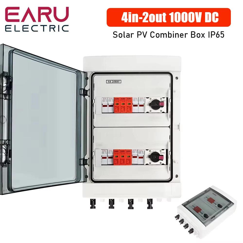 

Solar Photovoltaic PV Combiner Box With Lightning Protection 4 input 2 out 15A DC 1000V Fuse MCB SPD Waterproof Box IP65 18 Ways