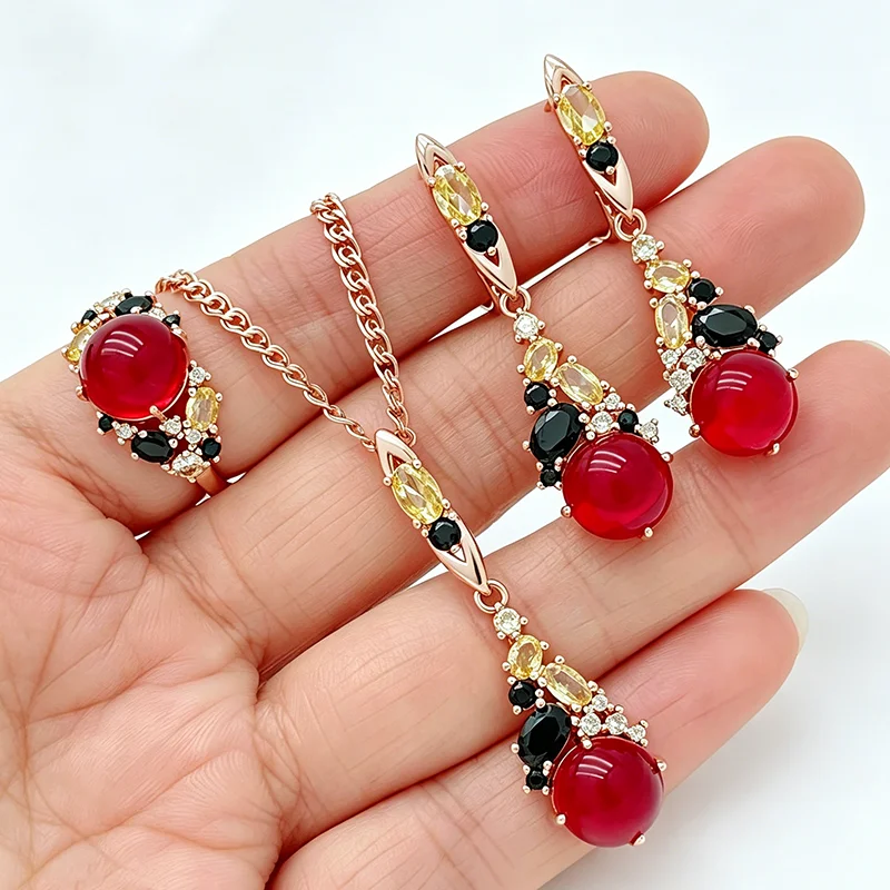 

Kinel Shiny Red Stone Ring Earrings Necklace for Women Fashion 585 Rose Gold Color With Natural Zircon Wedding Jewelry Sets