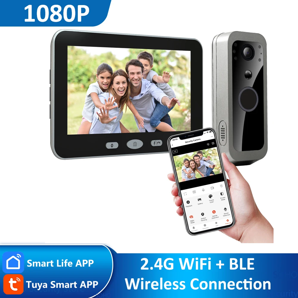 Tuya Smart Life 1080P 2.4G WIFI Video Bel Pintu Kamera Luar Ruangan Nirkabel Pintu Sistem Interkom Bertenaga Baterai 5 Inci Layar Monitor