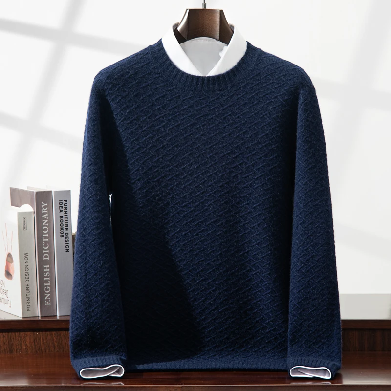 2025 New Thick O-Neck Men's 100% Cashmere Ribbed Pullover Casual Fashion Sweater Autumn Winter Versatile Classic Soft Knit Tops