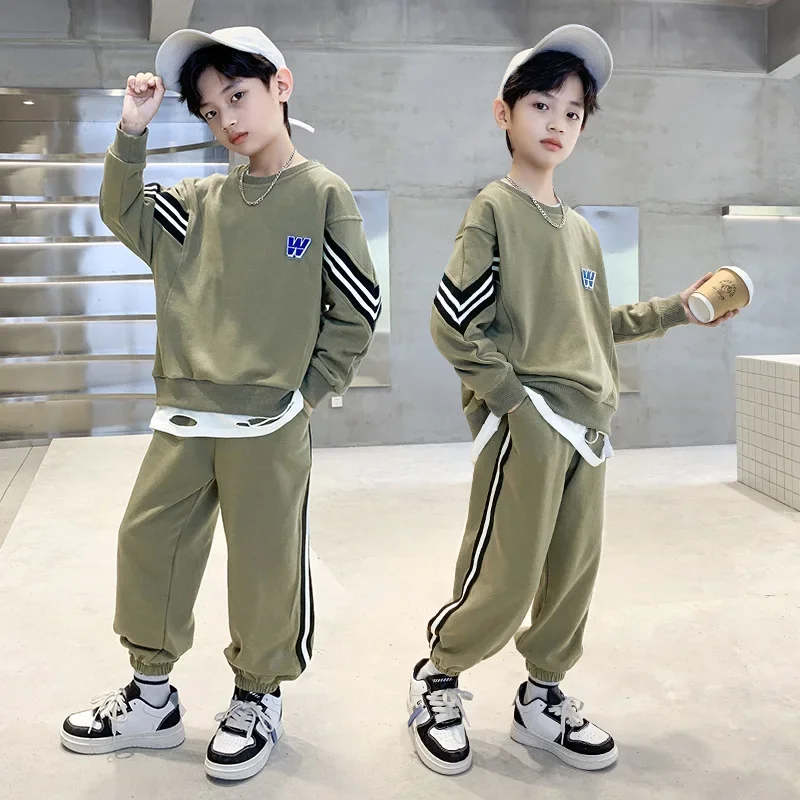 

Autumn Spring Teen Boys Clothing Set Children Side Stripe Sweatshirt Pullover Top and Sport Pant Suit 2PCS Sport Outfits