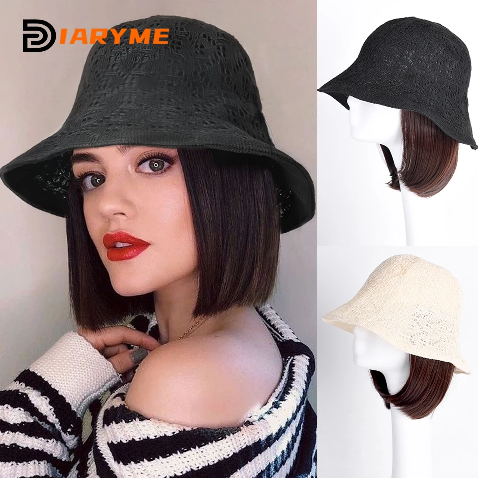 Hat Wig Synthetic Short Straight Bob Hair Natural Wig Black Hat Wigs Cap With Hair Connect Fisherman\'s Hat Hair Extension Sun Vi