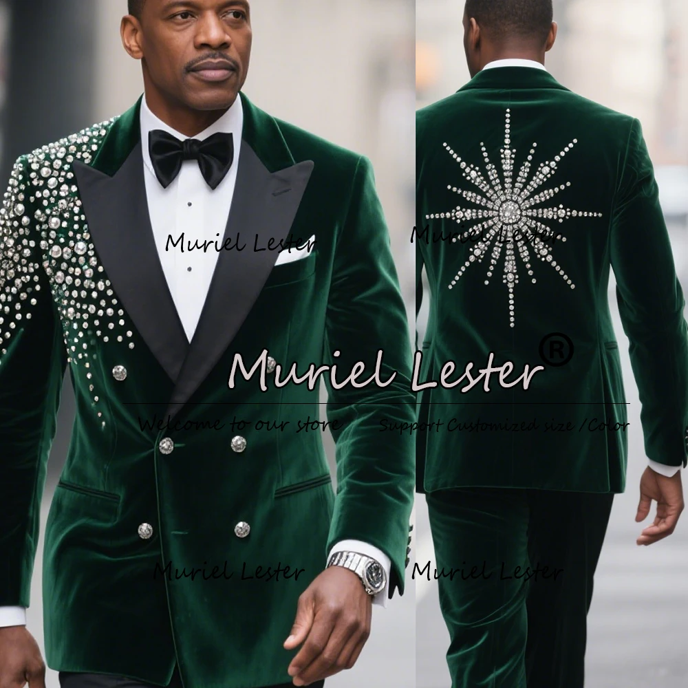 

Glittery Beaded Ornament Tuxedos Men Suits Peaked Lapel 2 Pieces Male Prom Blazers Wedding Groom trajes para hombre Customized