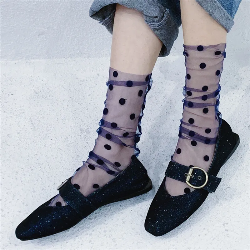 

Polka Dot Women Socks Summer Ultra-thin Transparent Mesh Medium Tube Socks Women Korean Fashion Retro Harajuku Nylon Long Socks