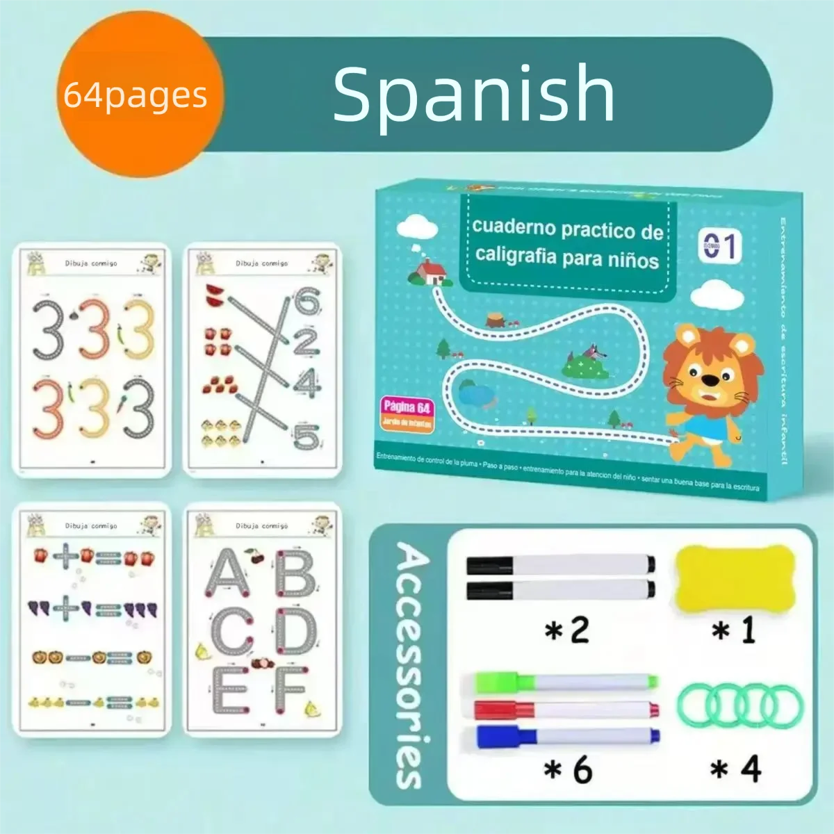 Spanish Version of Montessori Educational Drawing Magic Tracing Book 64 Pages 8 Pens
