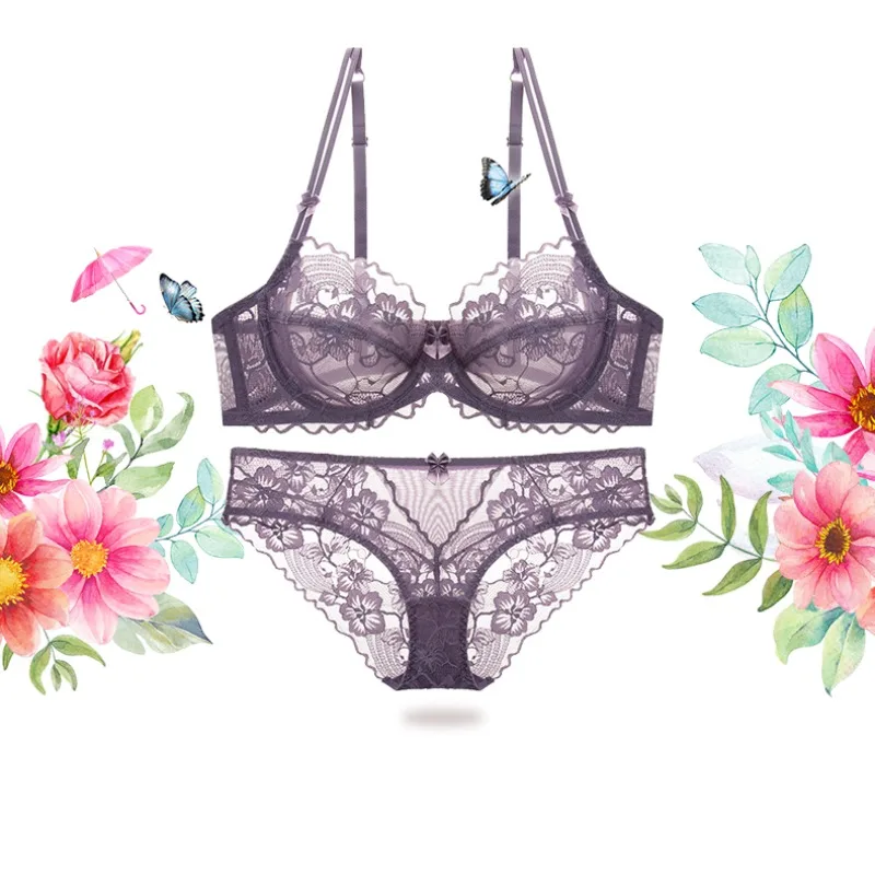 

Фиолетовый комплект французского нижнего белья, женские сексуальные ультратонкие прозрачные бюстгальтеры и трусики, поддержка большого бюста, дышащий, комфортный, чистый чувственный стиль