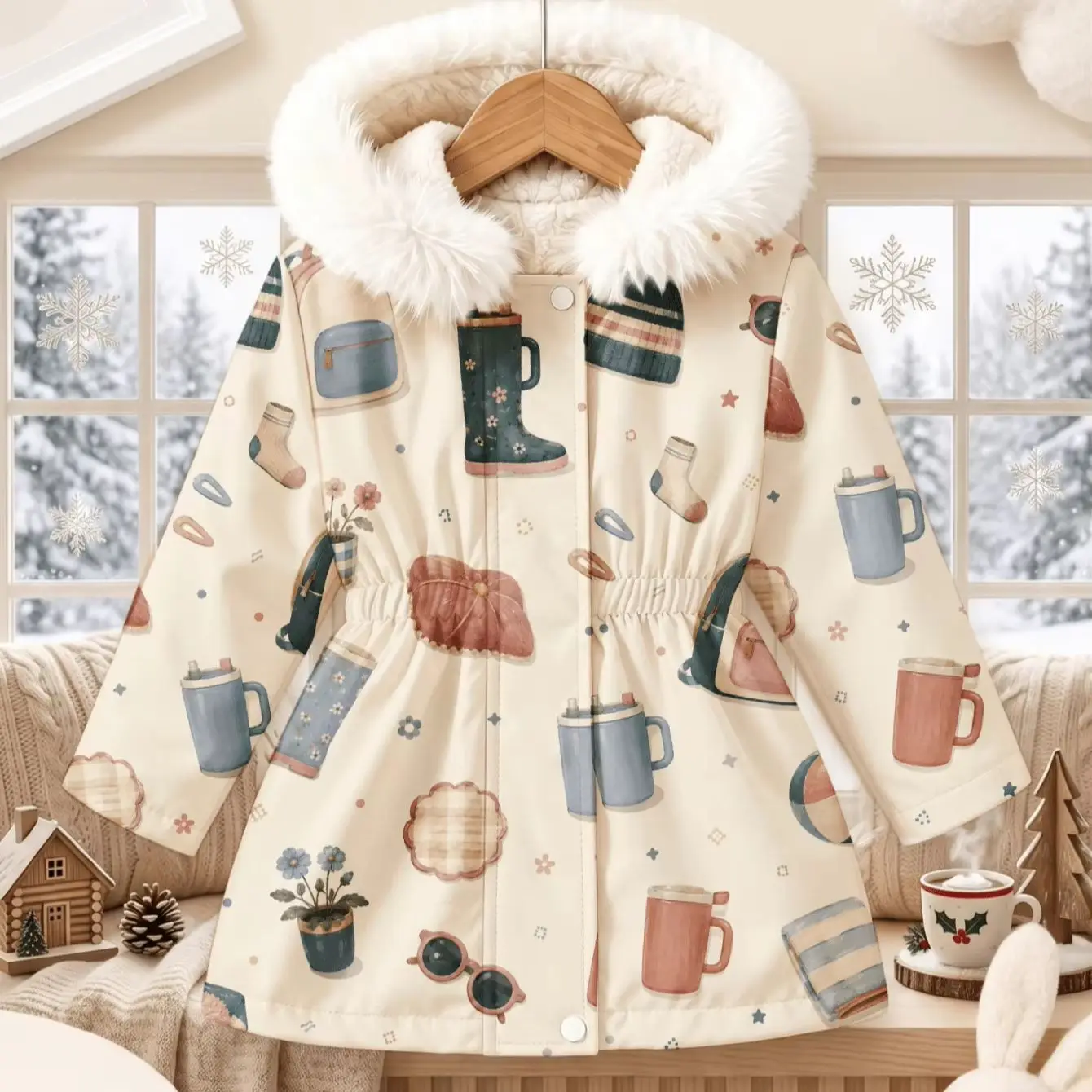 Little Girls Winter Cotton Padded Coat, Cute Cartoon Print, Fluffy Fur Collar Zip Up Thick Warm Windproof Snow Outerwear For Kid