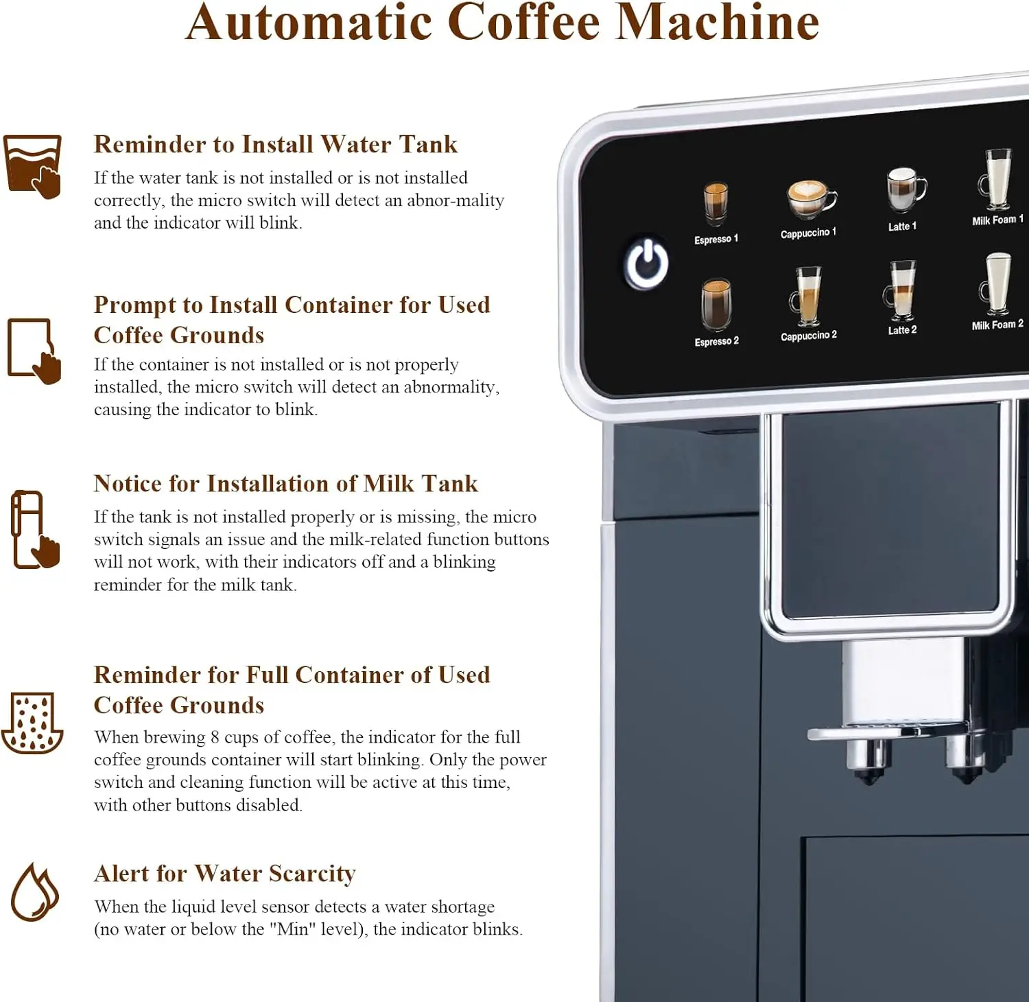 ماكينة صنع القهوة الأوتوماتيكية بالكامل مع مطحنة مدمجة 3 مستويات ماكينة قهوة اسبريسو/كابتشينو/لاتيه/أمريكانو مع التنظيف الذاتي