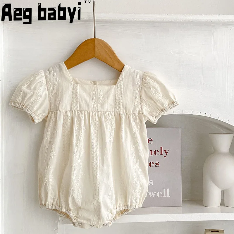 

Baby Girls Jumpsuit Summer Infant Girl Bodysuits Square Collar Jacquard Cotton Short Sleeve Toddler Baby Romper 0-24M