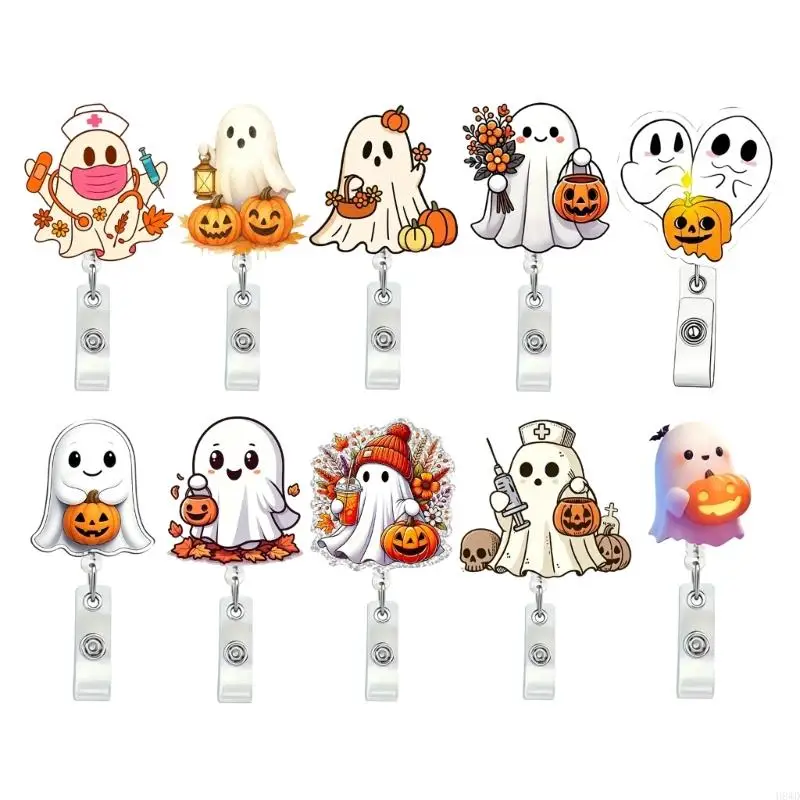 Halloween Retractable Badge Reels, 10 Pack with Acrylic Printed Face, Clips and Straps for ID and Access Cards H8WD