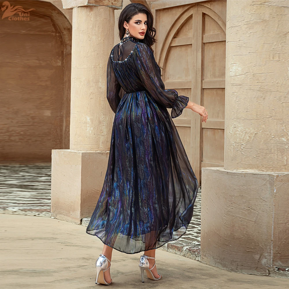 Dubai Shiny Diamonds Abaya Women Muslim Dress Voile High Neck Turkey Long Sleeve Kaftan Caftan Femme Vestidos Robe Evening Gown