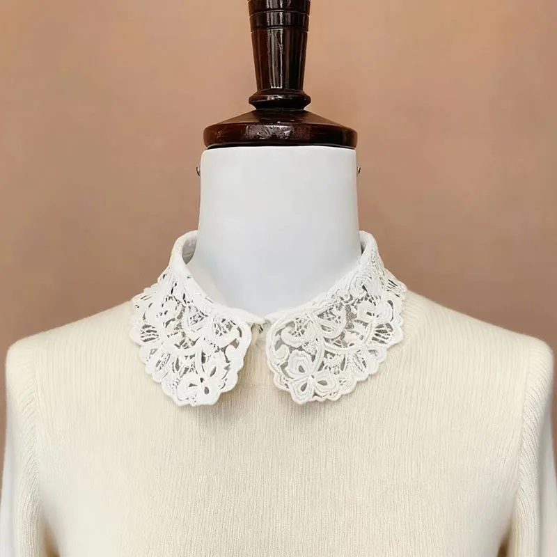블랙/화이트 속이 비치는 자수 셔츠 여성용 정장용 가짜 칼라 탈부착 가능한 라운드 넥 셔츠 탈부착 가능한 칼라 장식용