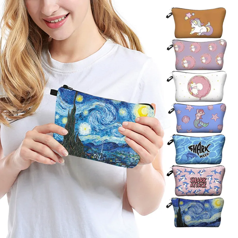 Polyester Zipper Makeup Bag 3D Printed Shark Starry Night Pattern Cosmetic Bags for Women Men Travel Necessaries Toiletries Kit