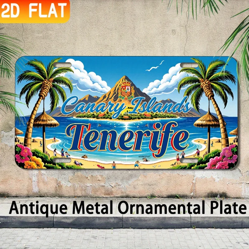 2D Flat - 1 cartel de pared de metal vintage "Illes Canaries Tenerife", escena de playa tropical colorida con palmeras y vista del océano