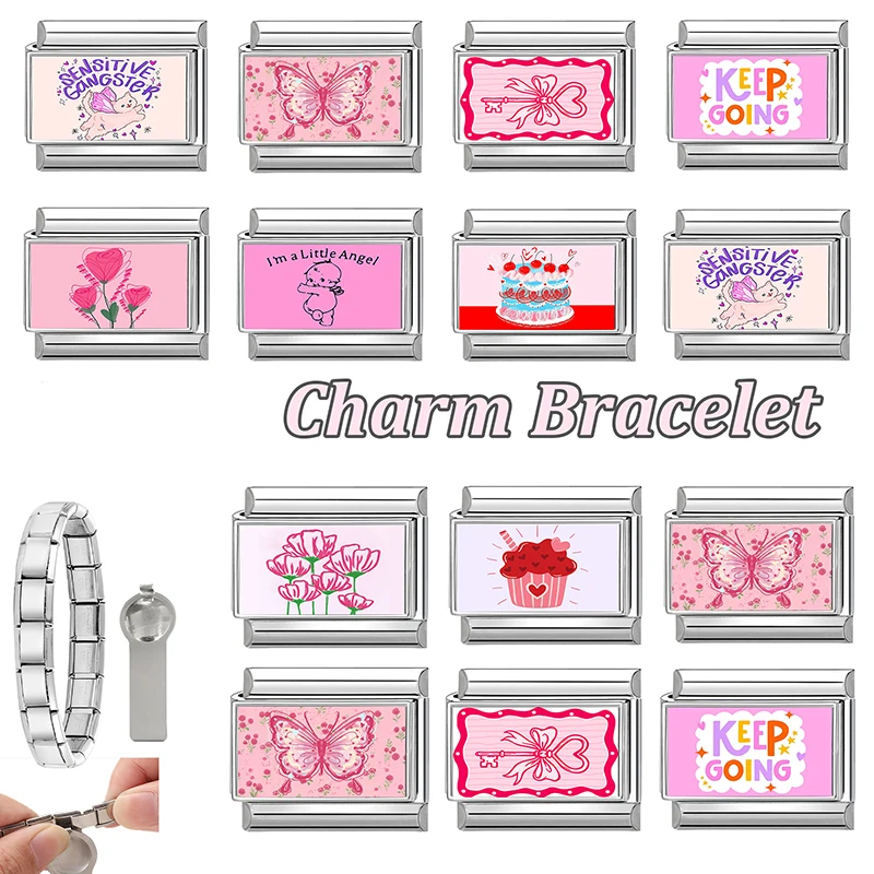 Y2K DIY Pink Charm Sweet Cake Cat Heart Bow Key Butterfly Italian Charm Links Fit 9MM Stainless Steel Bracelet Jewelry Making - view 4