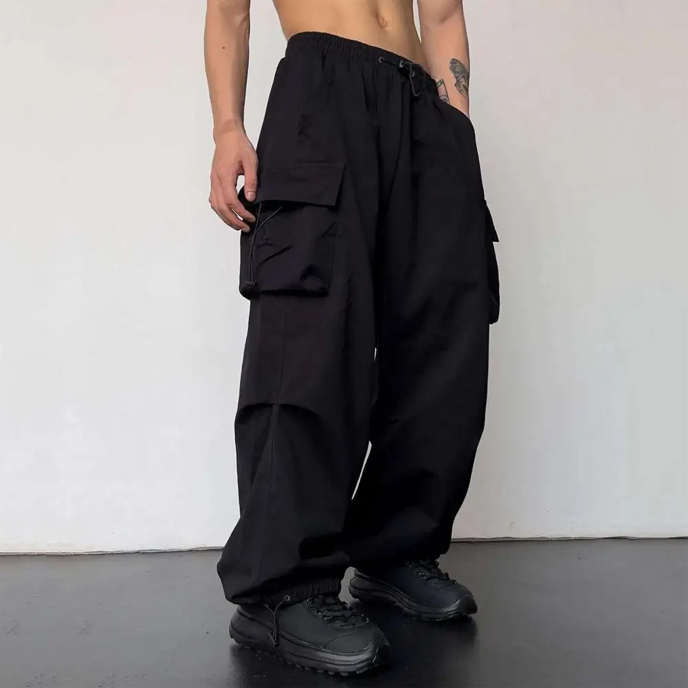 Men Cargo Pants Multi Pocket Oversized Solid Color Elastic High Waist Deep Crotch Ankle-banded Soft Hip Hop Men Long Trousers