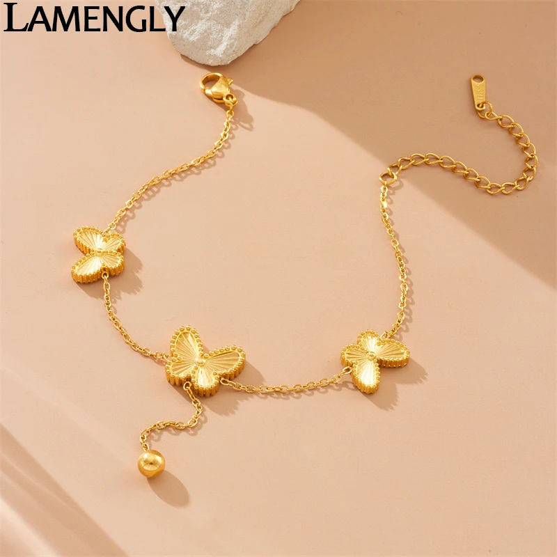 LAMENGLY 316L Stainless Steel Exquisite Line Texture Butterfly Bracelet For Women Classic Small Fresh Girl Hand Chain Party Gift