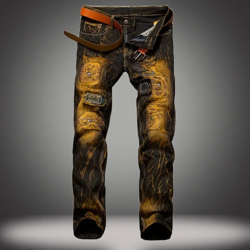 

Denim Pants Men Jeans Long Pant Hole Splice Simple Slim Fit Regular High Waist Straight Trousers Casual Autumn Winter 2024
