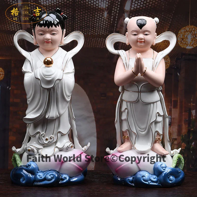 

A pair -Wholesale Buddha figure HOME SHOP Propitious FENG SHUI GUANYIN TONGZI maidens JIN TONG YU NV color Ceramic statue