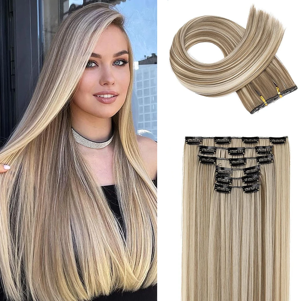 Synthetic Black Hair Extensions 24"/60cm 140g 6pcs/set Women Long Straight Full Head Clip 16 Clips  Ombre  Heat Resistant Fiber