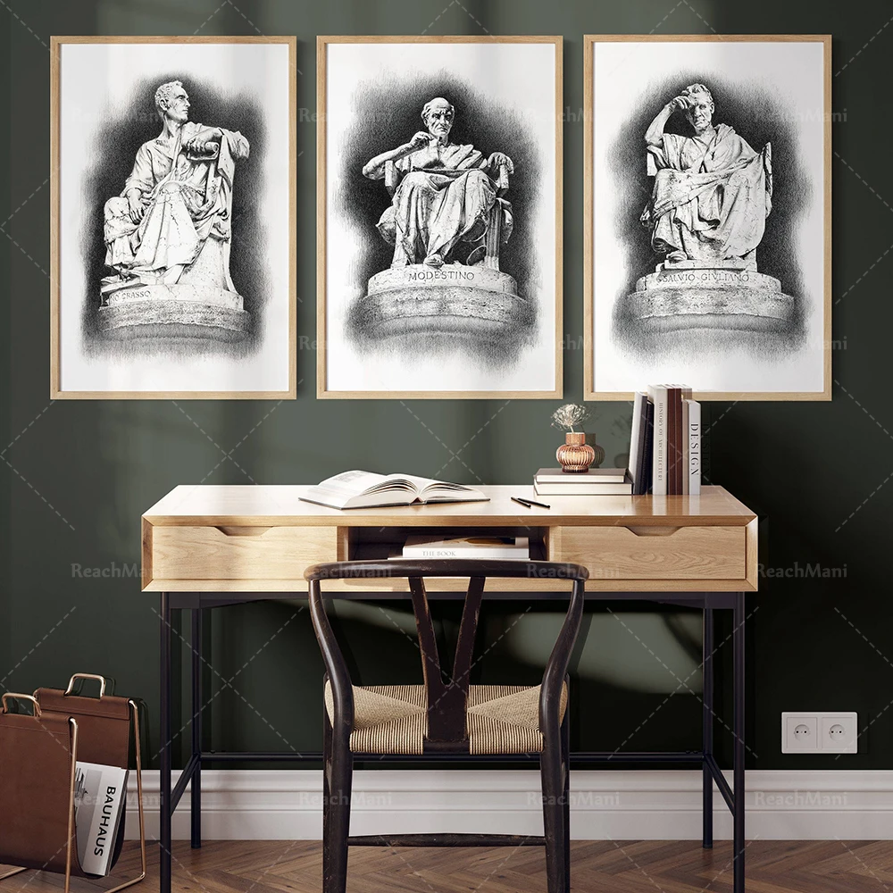 Roman Supreme Court Justice Art Print, Black and White Italian Painting, Italian City Sketch Canvas Print, Law Statue Painting