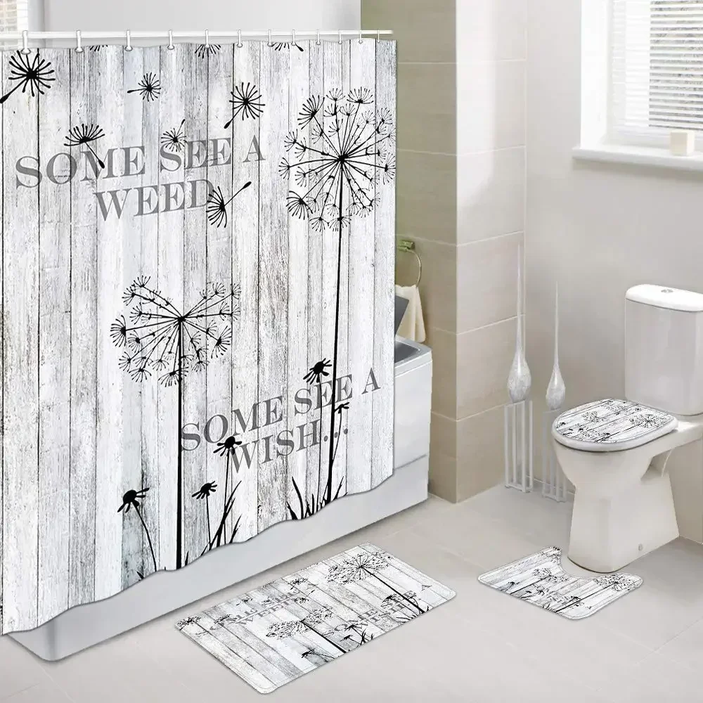 Dandelion Wooden Fabric Shower Curtain Set Flower Floral Bathroom  Anti-skid Rugs Toilet Lid Cover Bath Mat  Decor