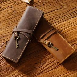 Genuine Leather Pencil Case Tie Rope With Key Pens Bag Retro School Office Stationery Student Storage Bags Handmade Gift