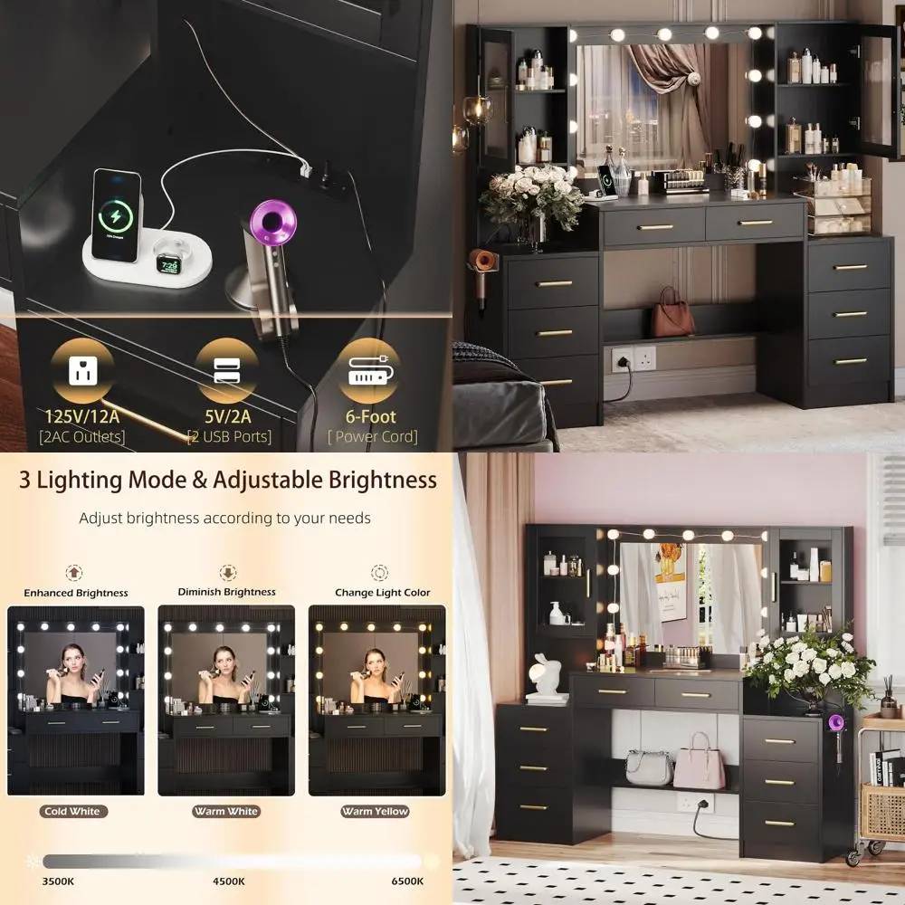 

58.3 LED Lighted Makeup Desk with Mirror, Charging, 8 Drawers, 2 Cabinets and Ample Storage