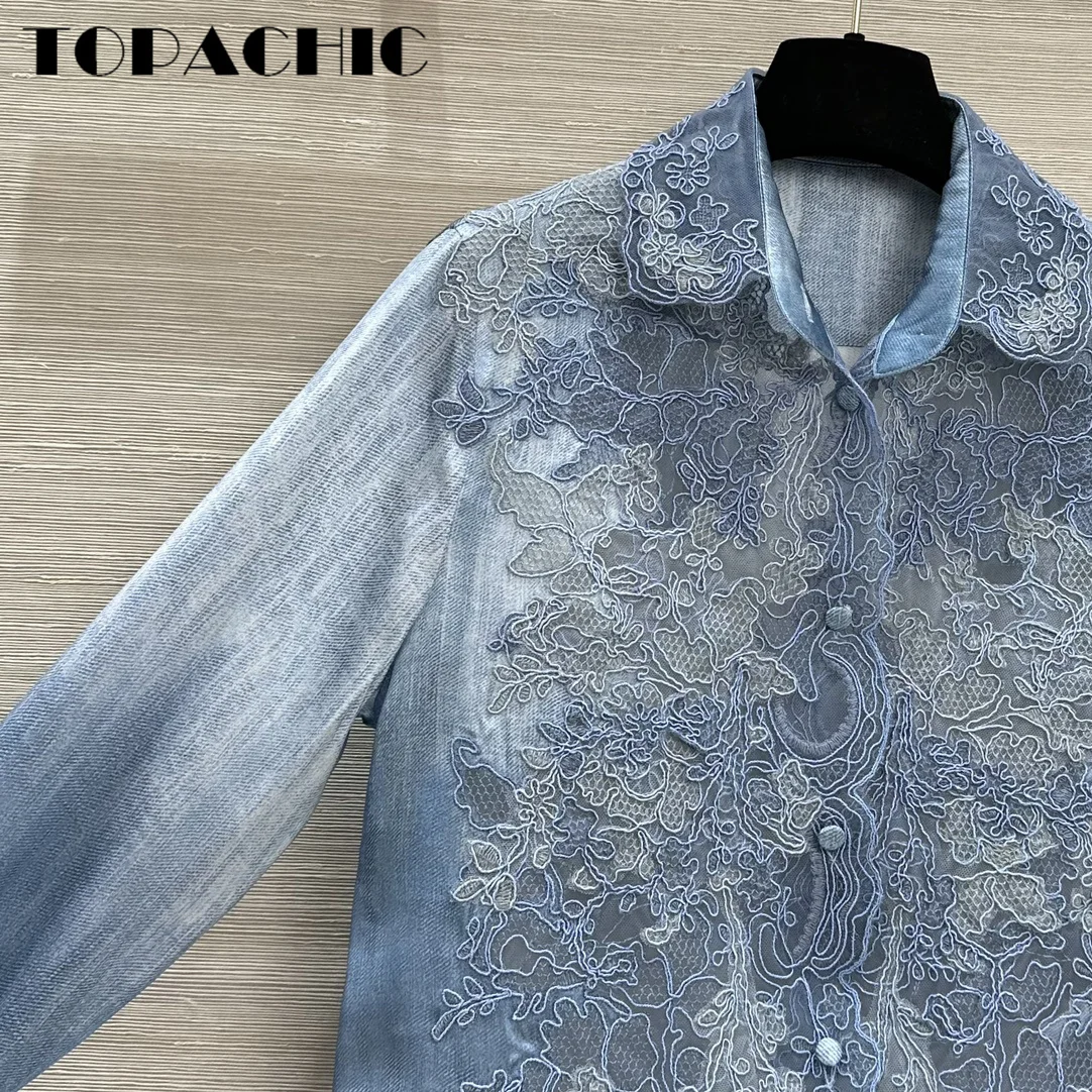 7.25 TOPACHIC-Women\'s Three-Dimensional Sheer Mesh Embroidered Silk Blouse Elegant Lapel Long Sleeve Blue Female Shirt