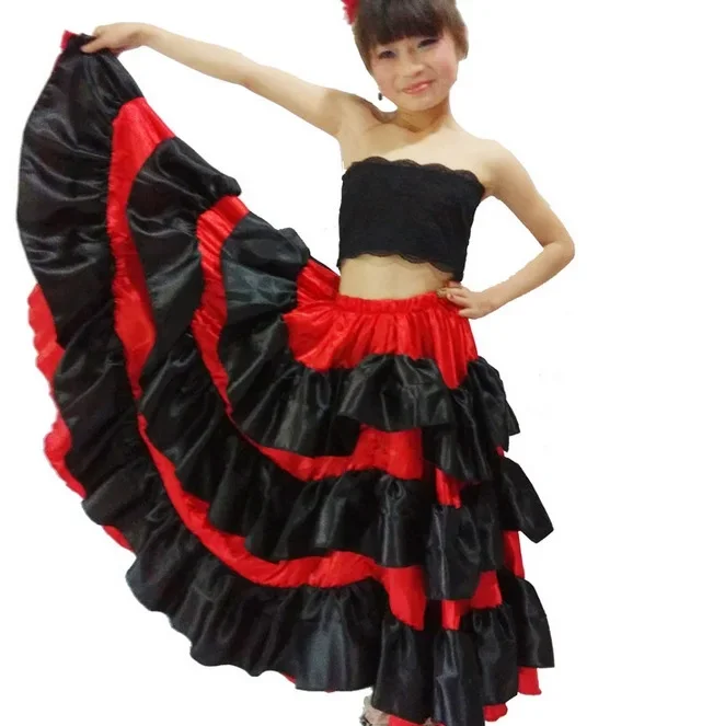 Trajes de dança espanhola para crianças, vestido vermelho longo estilo flamenco, saia de salão para meninas, roupas de criança