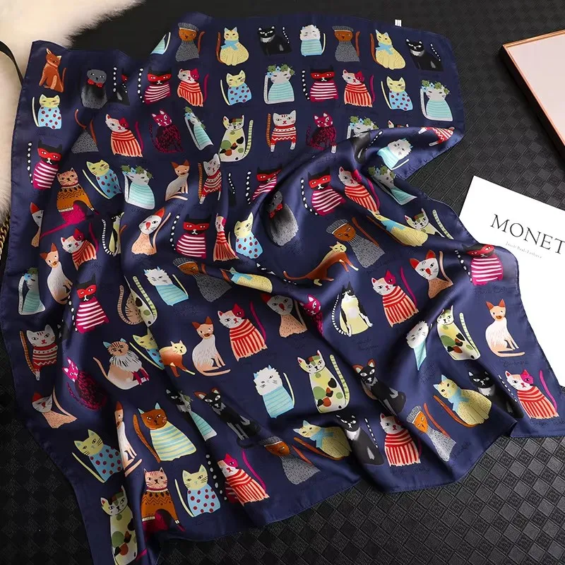 Luxury Brand 2025 New Fashion Summer Silk Square Scarf Women Cat P Satin Neck Hair Tie Band Beach Hijab Head Female Foulard