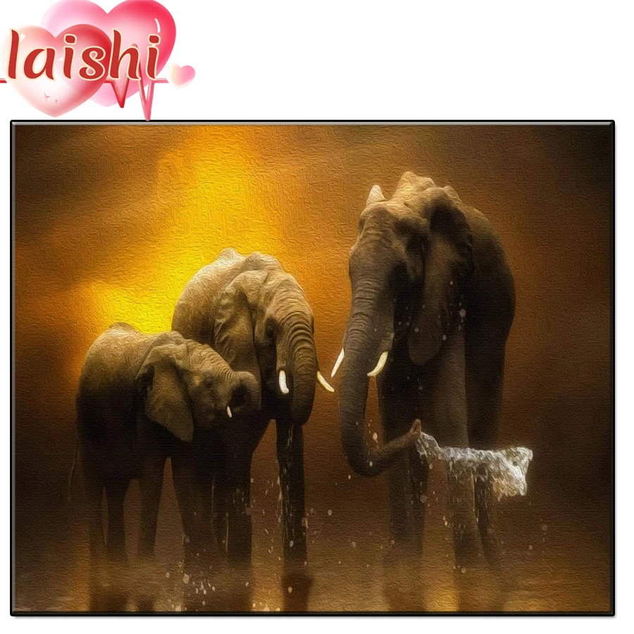 

Full Square Diamond Elephant playing in the water at sunset 5D DIY Diamond Painting 3D Embroidery Rhinestone Painting Decor